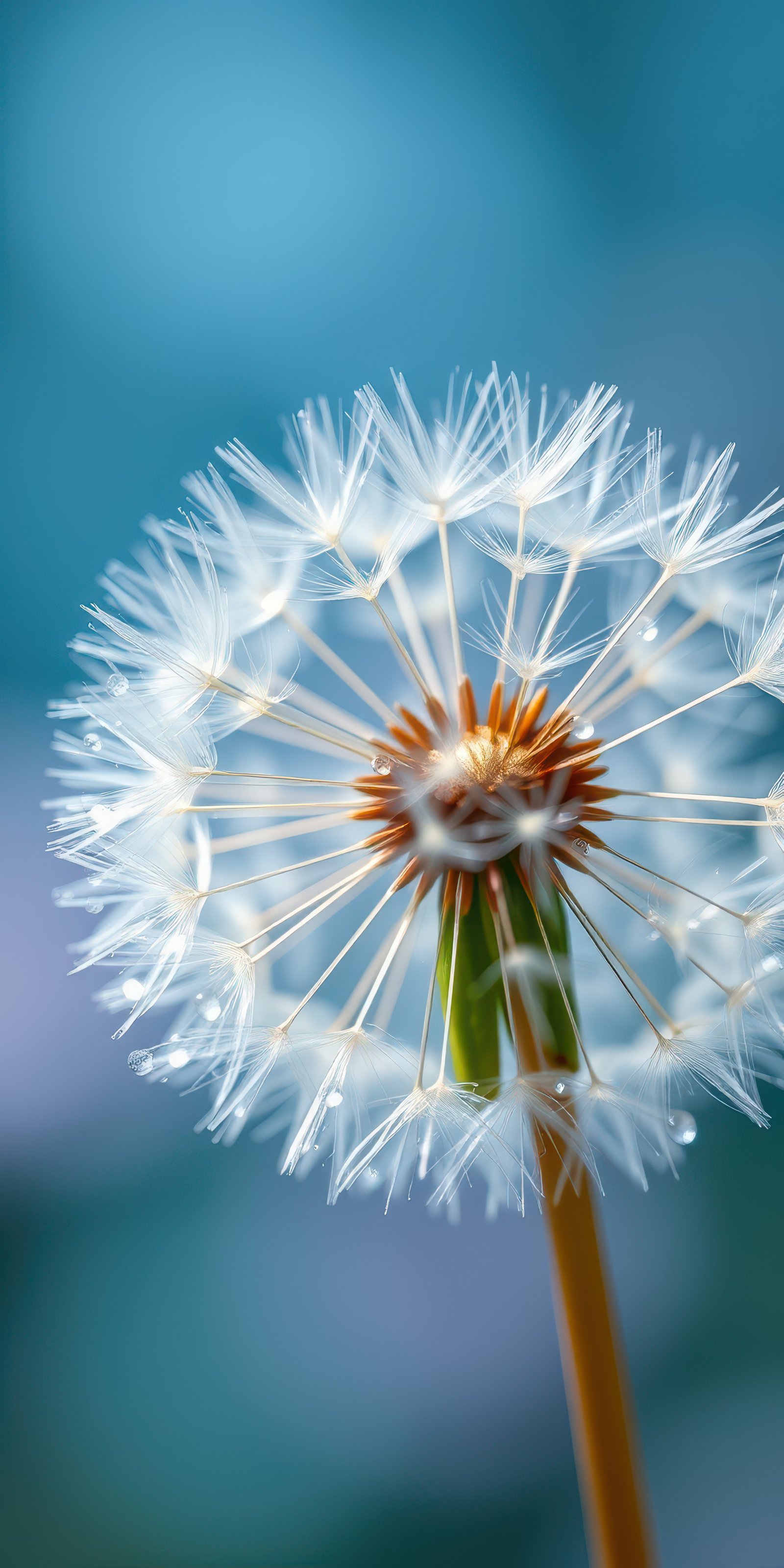 Delicate dandelion seed head glistening with dew against a soft blue backdrop in early morning light